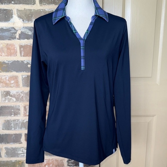 Lady Hagen Navy Blue Clubhouse Long Sleeve Polo Plaid Johnny Collar Sz M - Picture 3 of 11